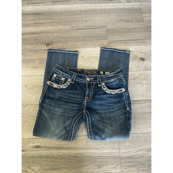 Miss Me Denim - Miss Me Easy Cropped Mid Rise Jeans Dark Wash Embellished Size 27 Y2K Straight